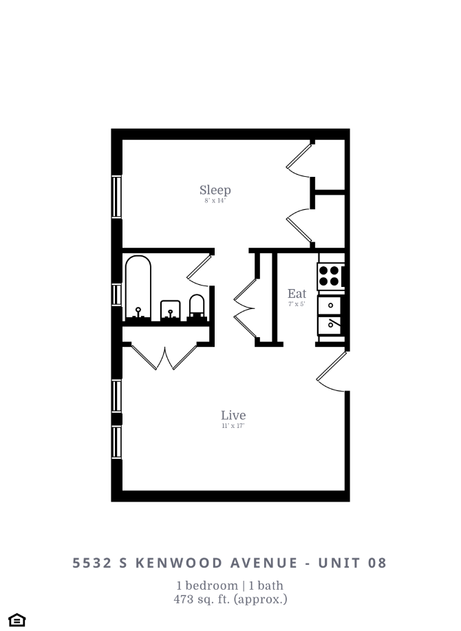 Floor plan for 1 bed, 1 bath, 473 sqft